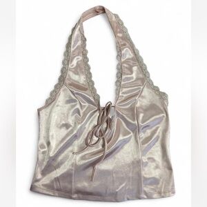 Satin Halter Top with Lace Trim